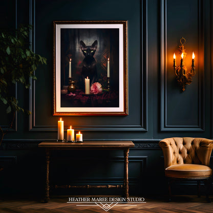 Velvety Black Sphynx with Candles