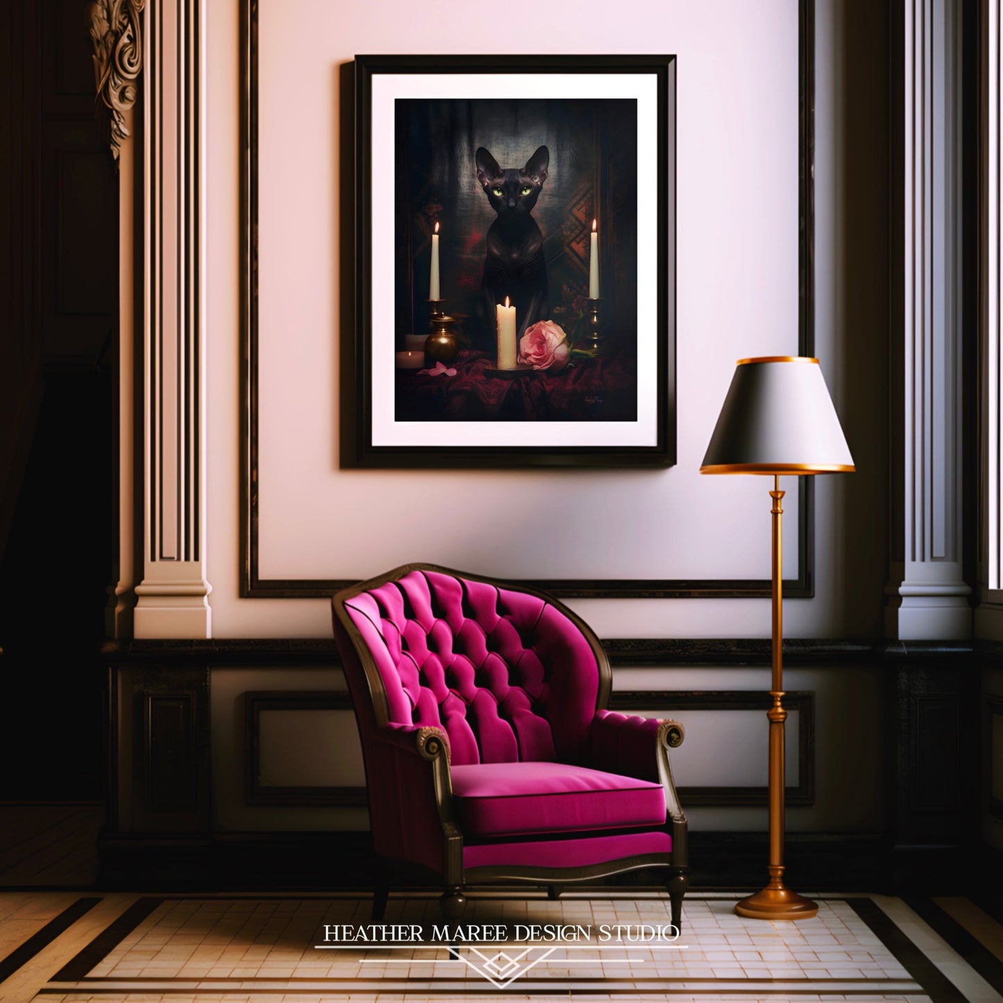 Velvety Black Sphynx with Candles