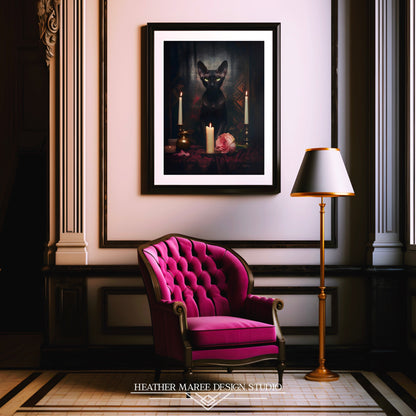 Velvety Black Sphynx with Candles