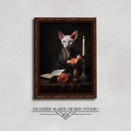 Cornish Rex with Books and Flowers