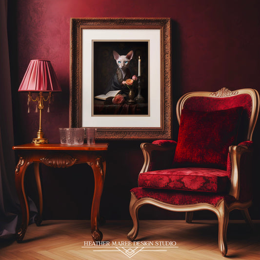 Cornish Rex with Books and Flowers