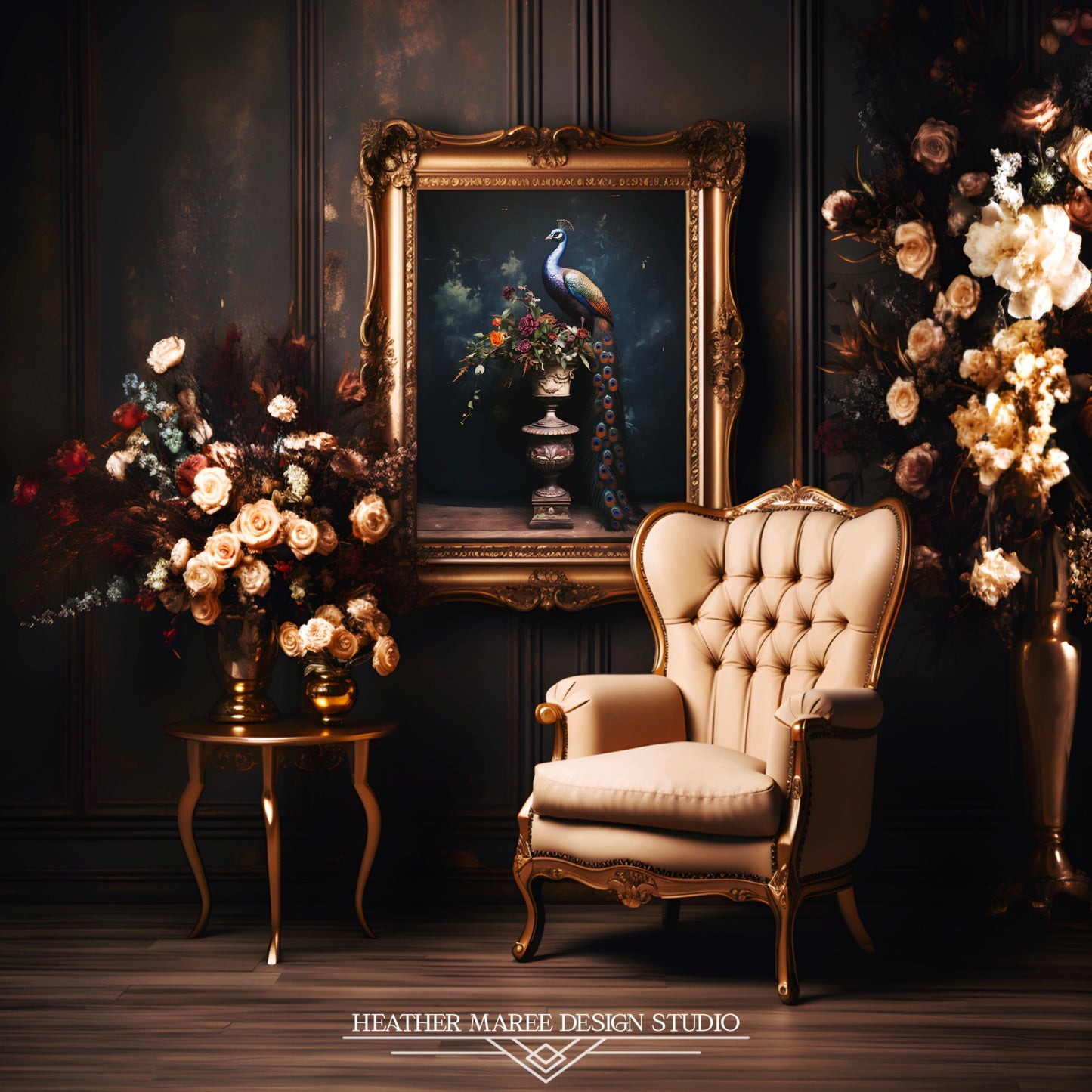 Peacock with a Vase of Flowers