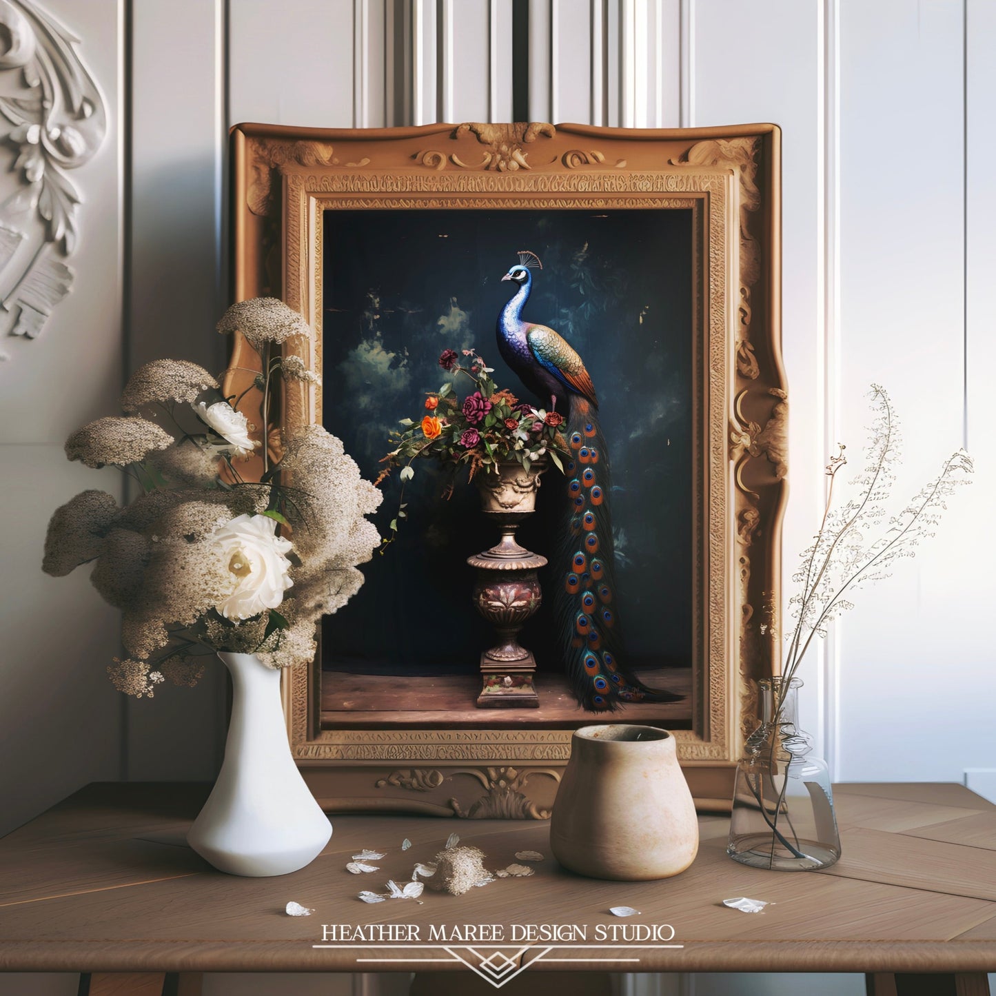 Peacock with a Vase of Flowers