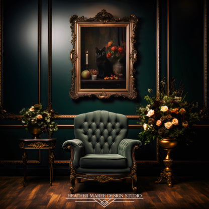 Black Cat with Flowers and Fruits