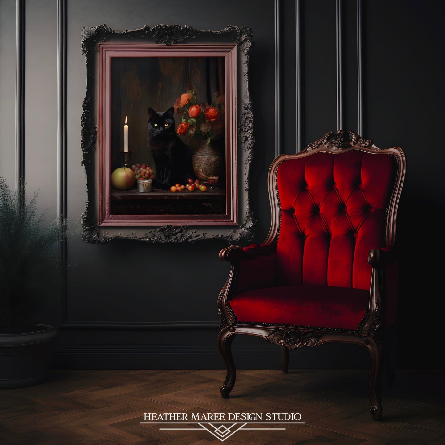 Black Cat with Flowers and Fruits