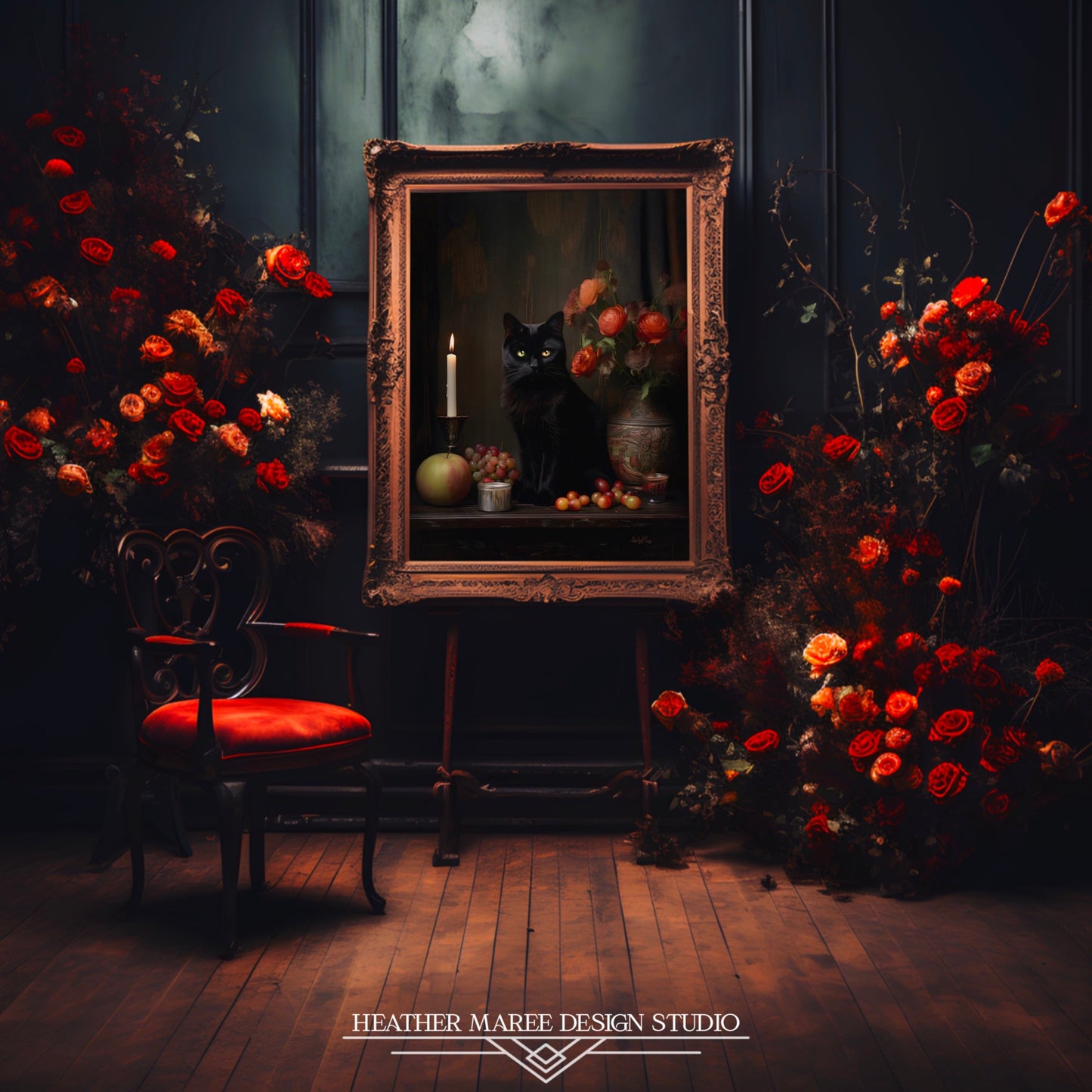 Black Cat with Flowers and Fruits