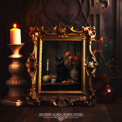 Black Cat with Flowers and Fruits