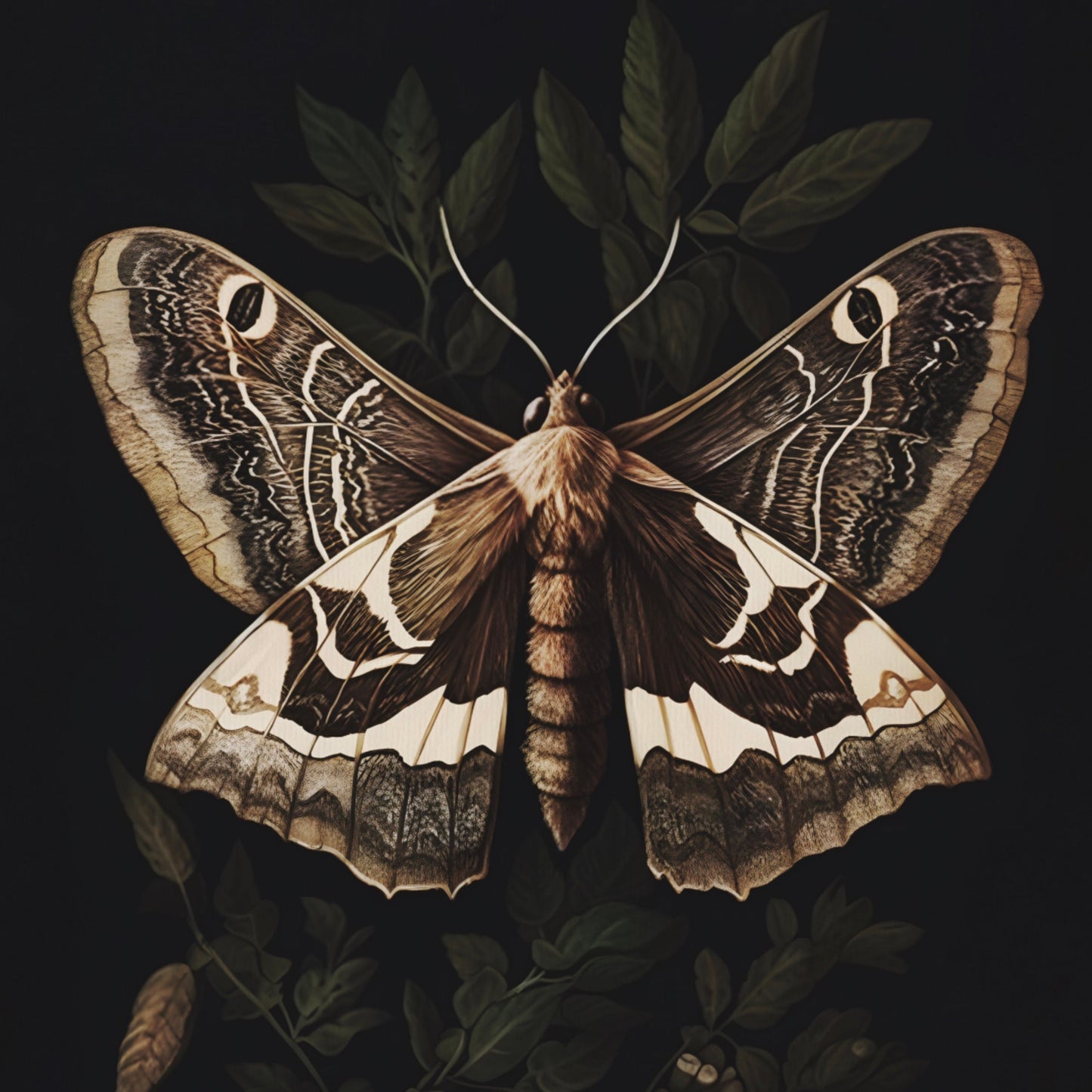 Brown Moth Perched on Leaves