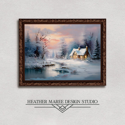 Snowy Forest Cottage at Sunset