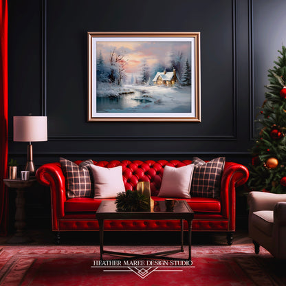 Snowy Forest Cottage at Sunset