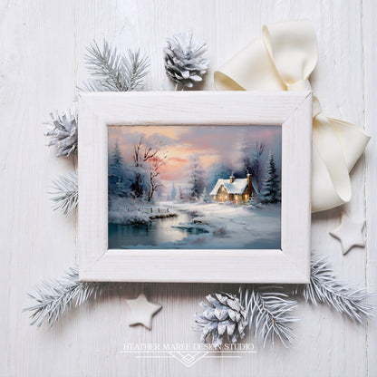 Snowy Forest Cottage at Sunset