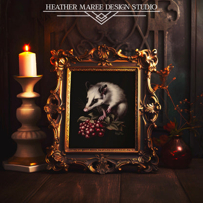 Opossum with Red Berries