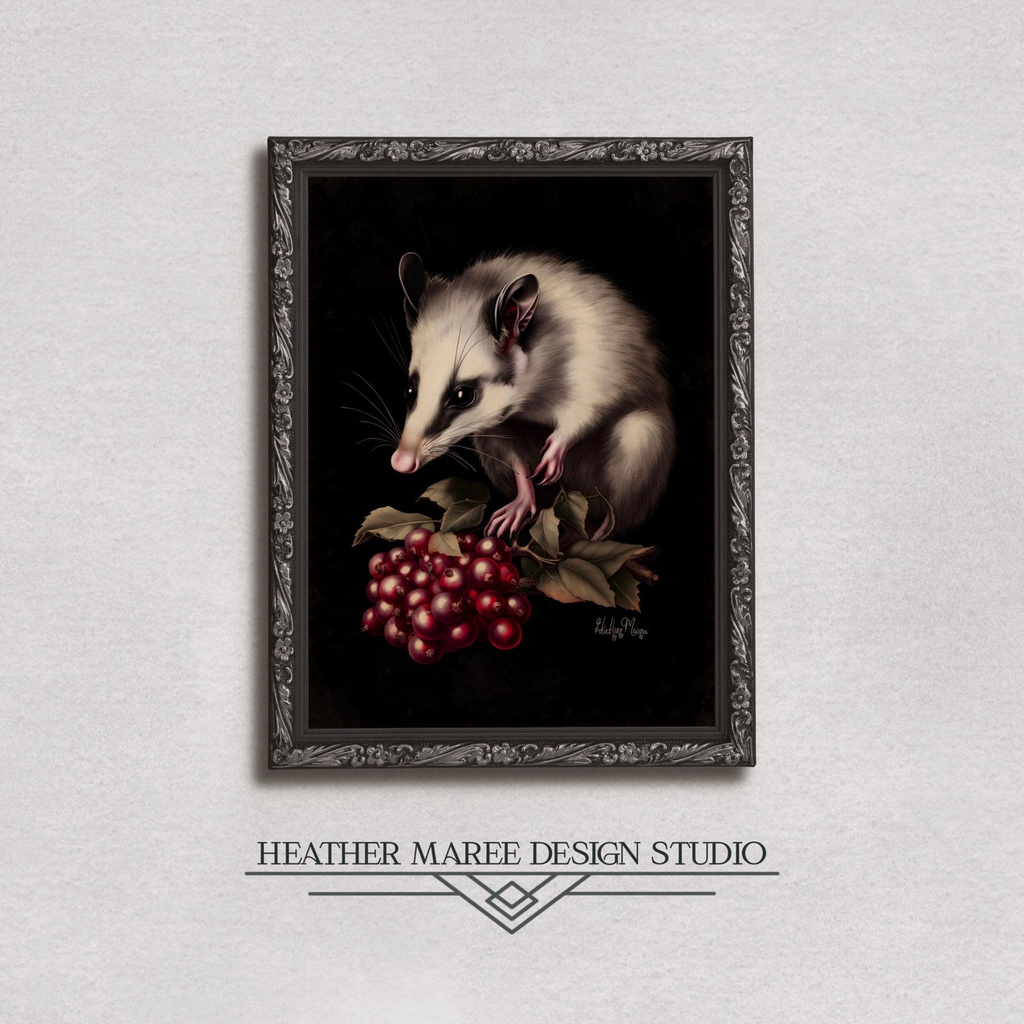 Opossum with Red Berries