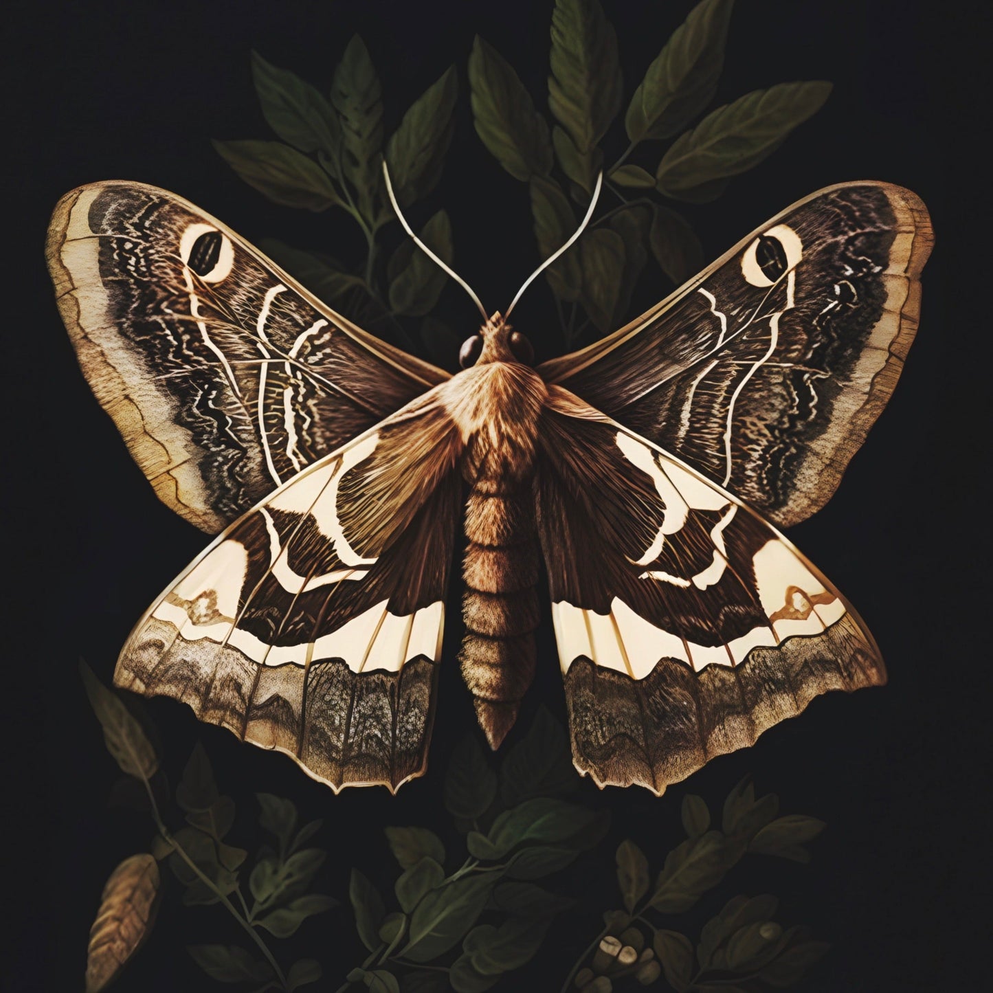 Brown Moth Perched on Leaves